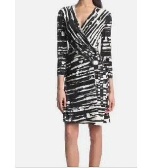 BCBG MaxAzria Black and White Abstract Geometric Wrap Dress, Size Petite Large. - Picture 2 of 9